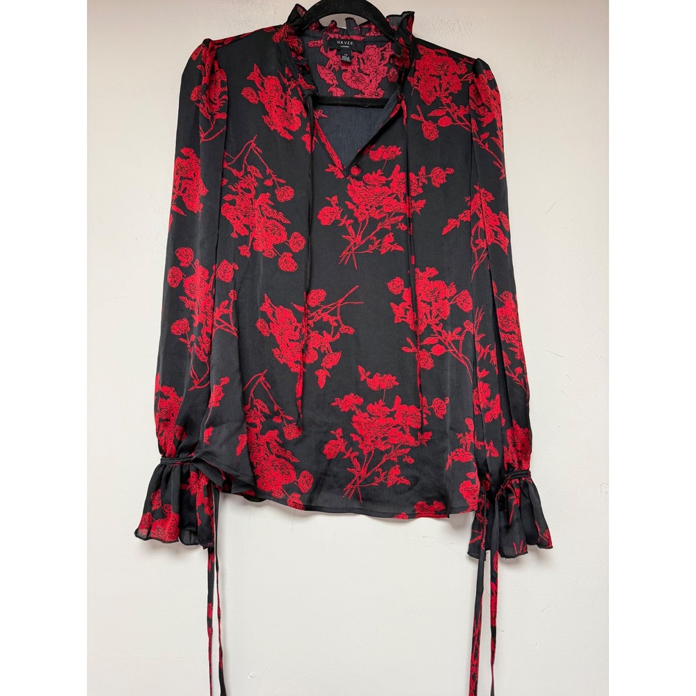 Haver‎ London Womens Black Red Floral Ruffle Tie Neck Long Sleeve Blouse Small